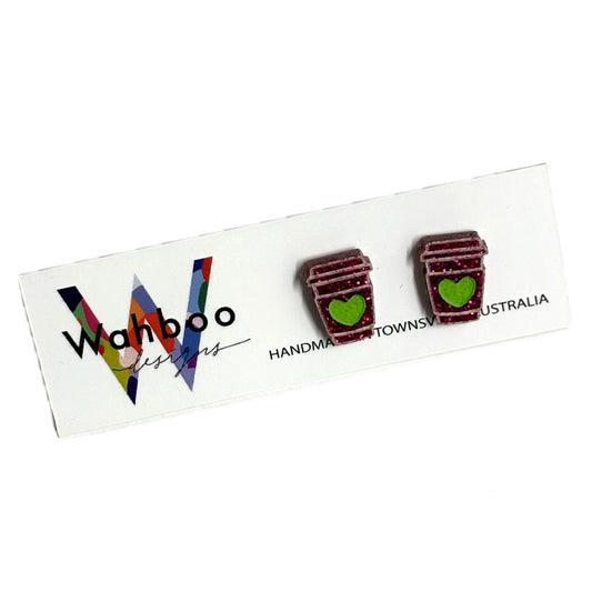 WAHBOO- Coffee Takeaway Cup Stud Earrings - Pink and Green