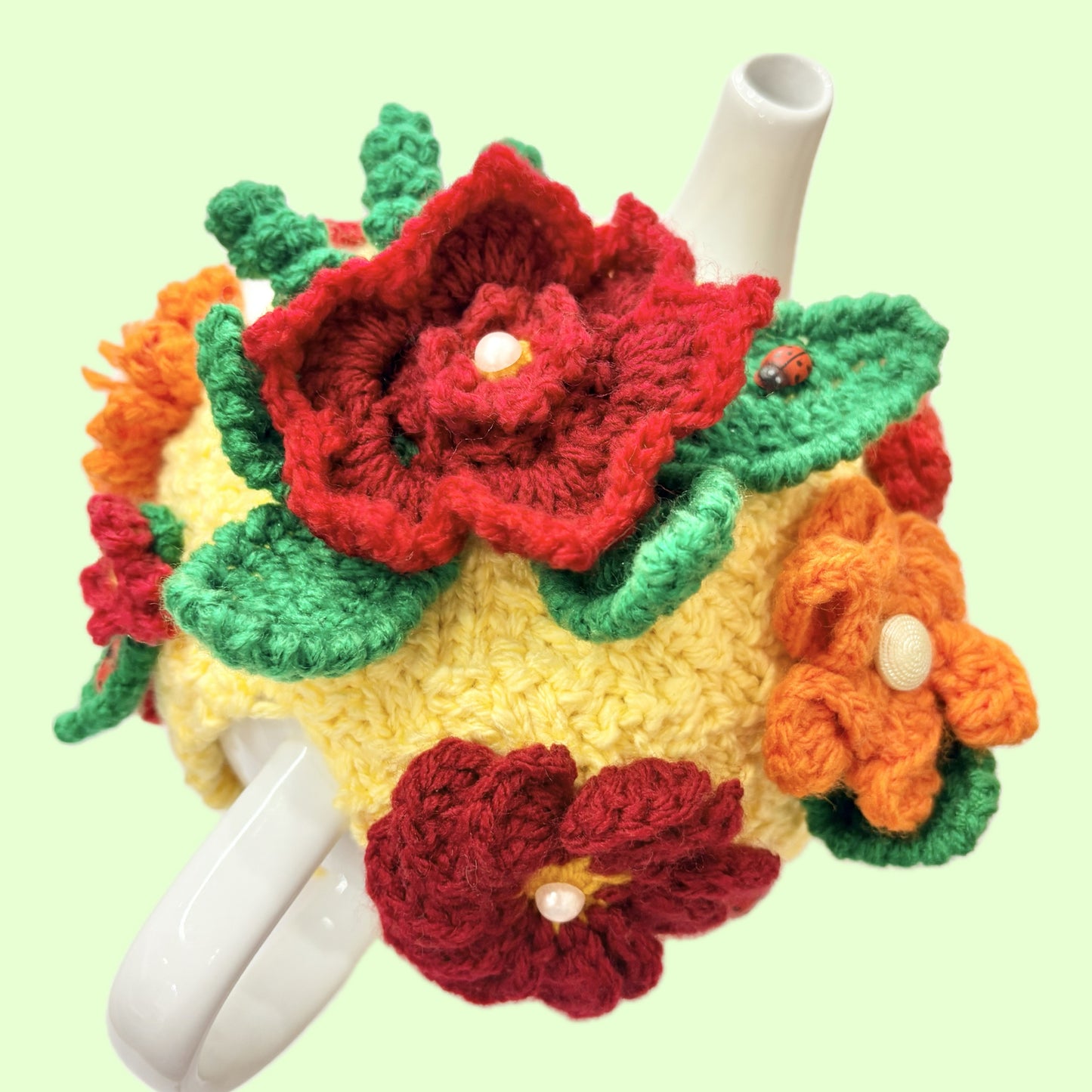 BEAKNITS- CROCHET TEA COSY - SUNSHINE AND FLOWERS