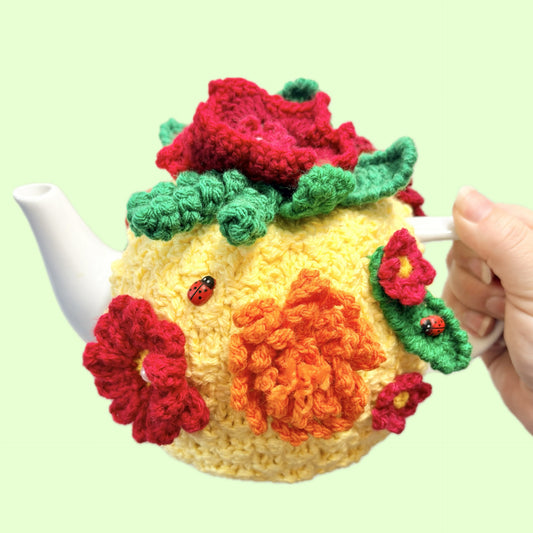 BEAKNITS- CROCHET TEA COSY - SUNSHINE AND FLOWERS