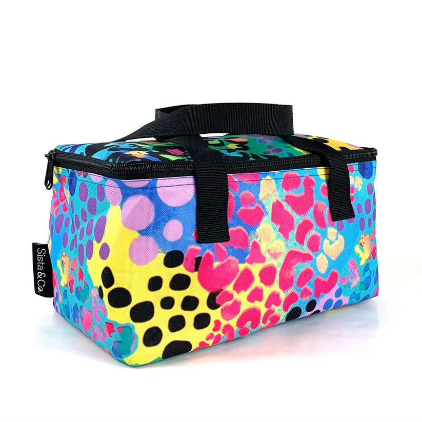Colorful leopard print cooler bag on a white background