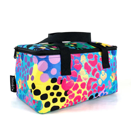 Colorful leopard print cooler bag on a white background
