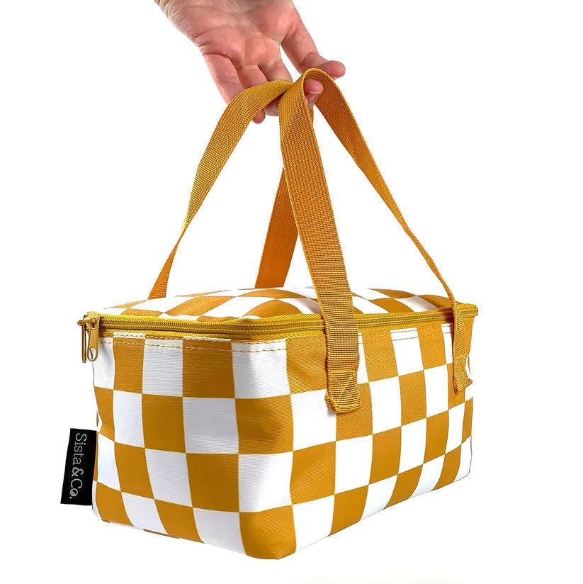 Yellow and white checkered cooler bag with a hand holding it on a white background