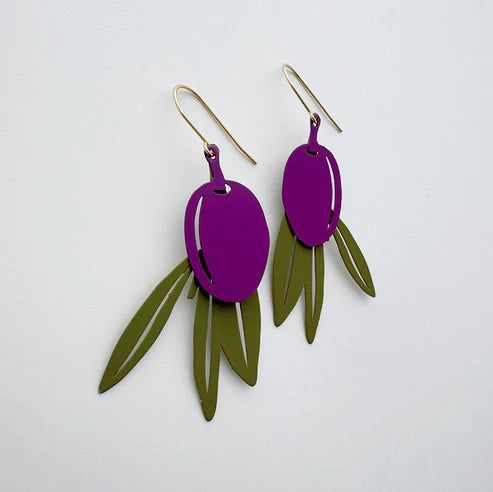 DENZ & CO - Kalamata Olives in Purple & Green - painted steel - DANGLE EARRINGS