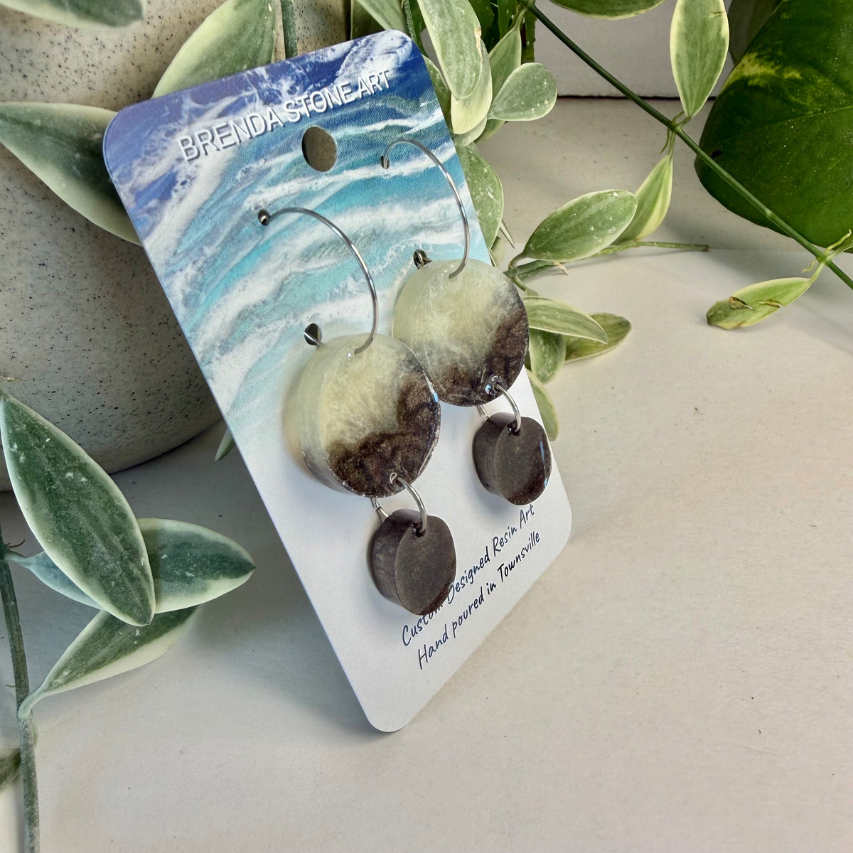 BRENDA STONE ART - Resin Double Drop Hoop Earrings - Chocolate