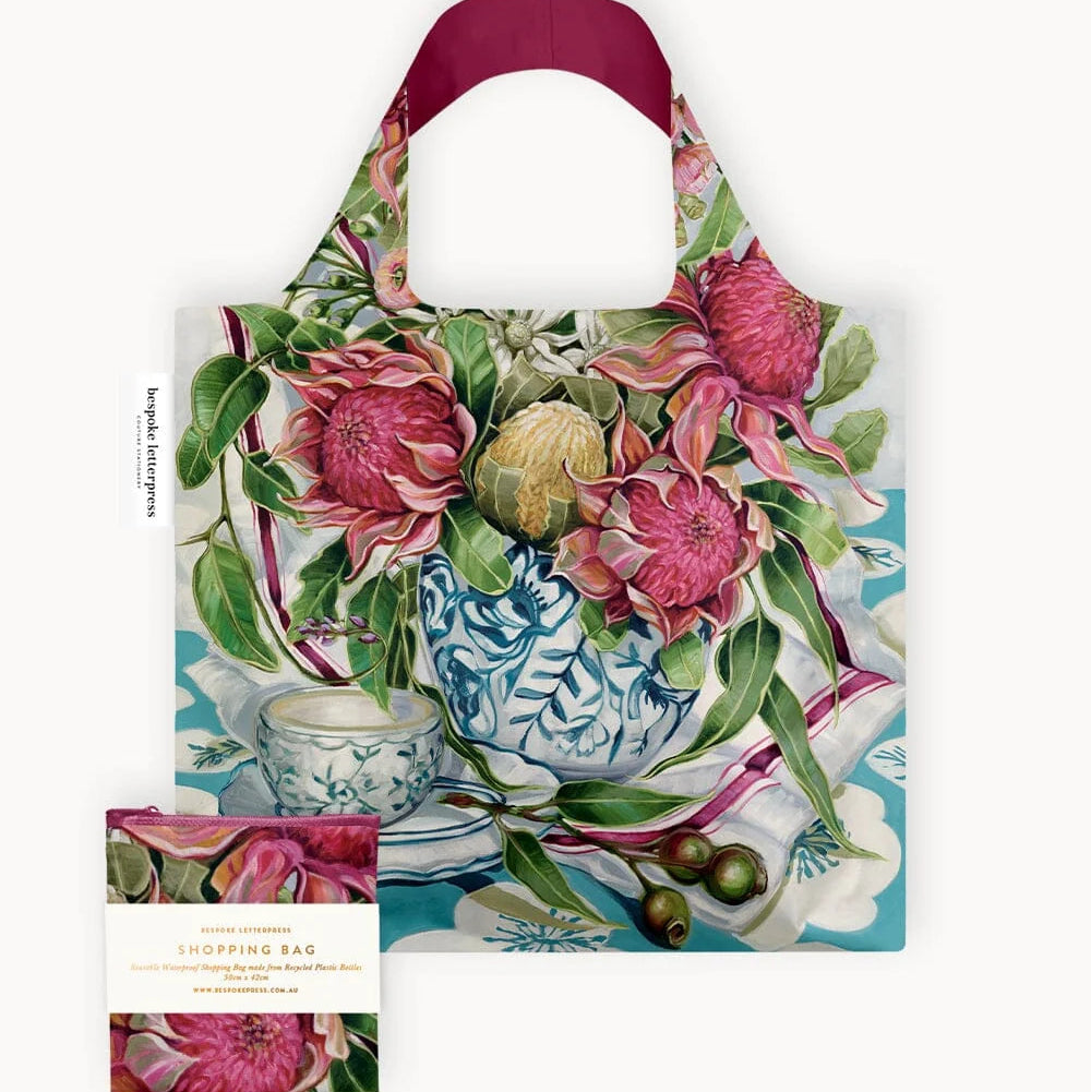 BESPOKE LETTERPRESS - Waratah in Blue - Reusable Large Shopping Bag