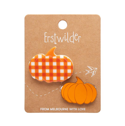 ERSTWILDER Halloween Collection - "Pumpkin Patch Mini Brooch Set - Orange & Orange Gingham"