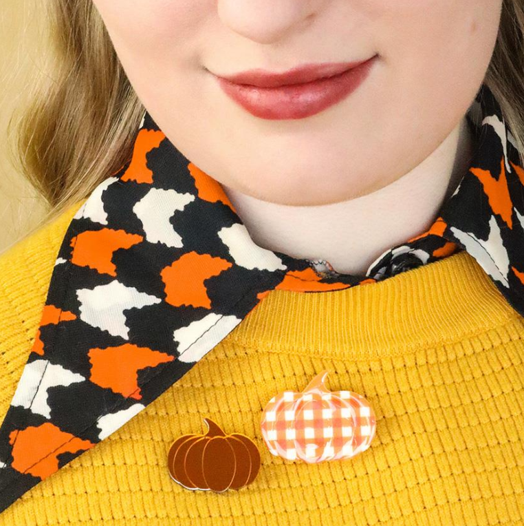 ERSTWILDER Halloween Collection - "Pumpkin Patch Mini Brooch Set - Orange & Orange Gingham"