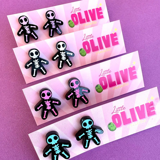 LITTLE OLIVE CREATES - Hand-Coloured Skeleton Stud Earrings - White
