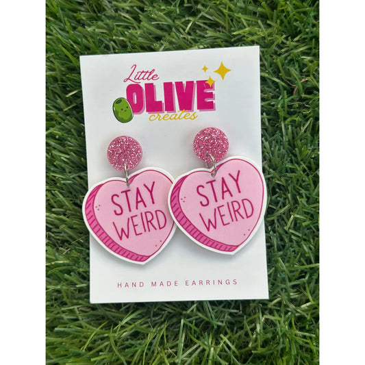 LITTLE OLIVE CREATES - “Stay Weird” Heart Earrings