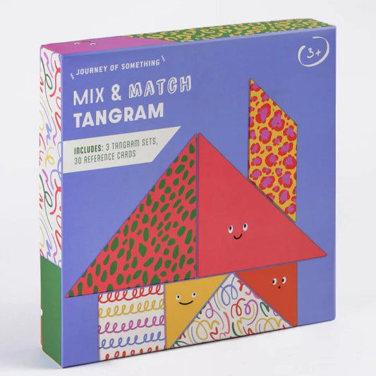 Box of 'Mix & Match Tangram' game with colorful geometric shapes on a white background