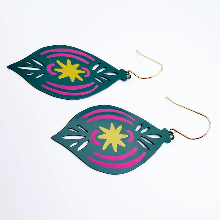 DENZ & CO- Vintage Ornament #2 earrings in Spruce, Pink and Yellow - DANGLE EARRINGS