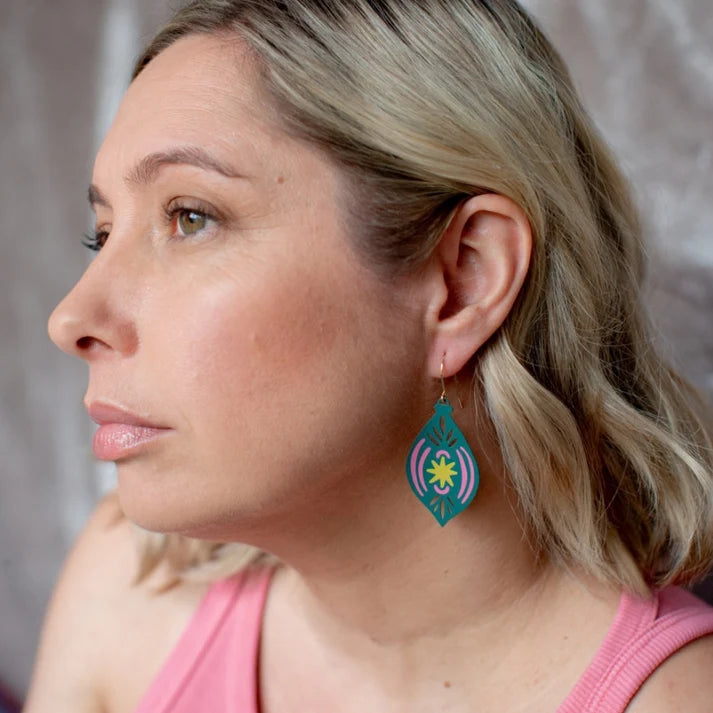 DENZ & CO- Vintage Ornament #2 earrings in Spruce, Pink and Yellow - DANGLE EARRINGS