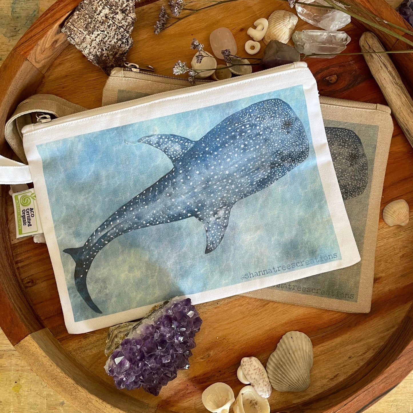 Shanna Trees Creations- "Whale Shark" Organic Cotton Zip Pouches- White