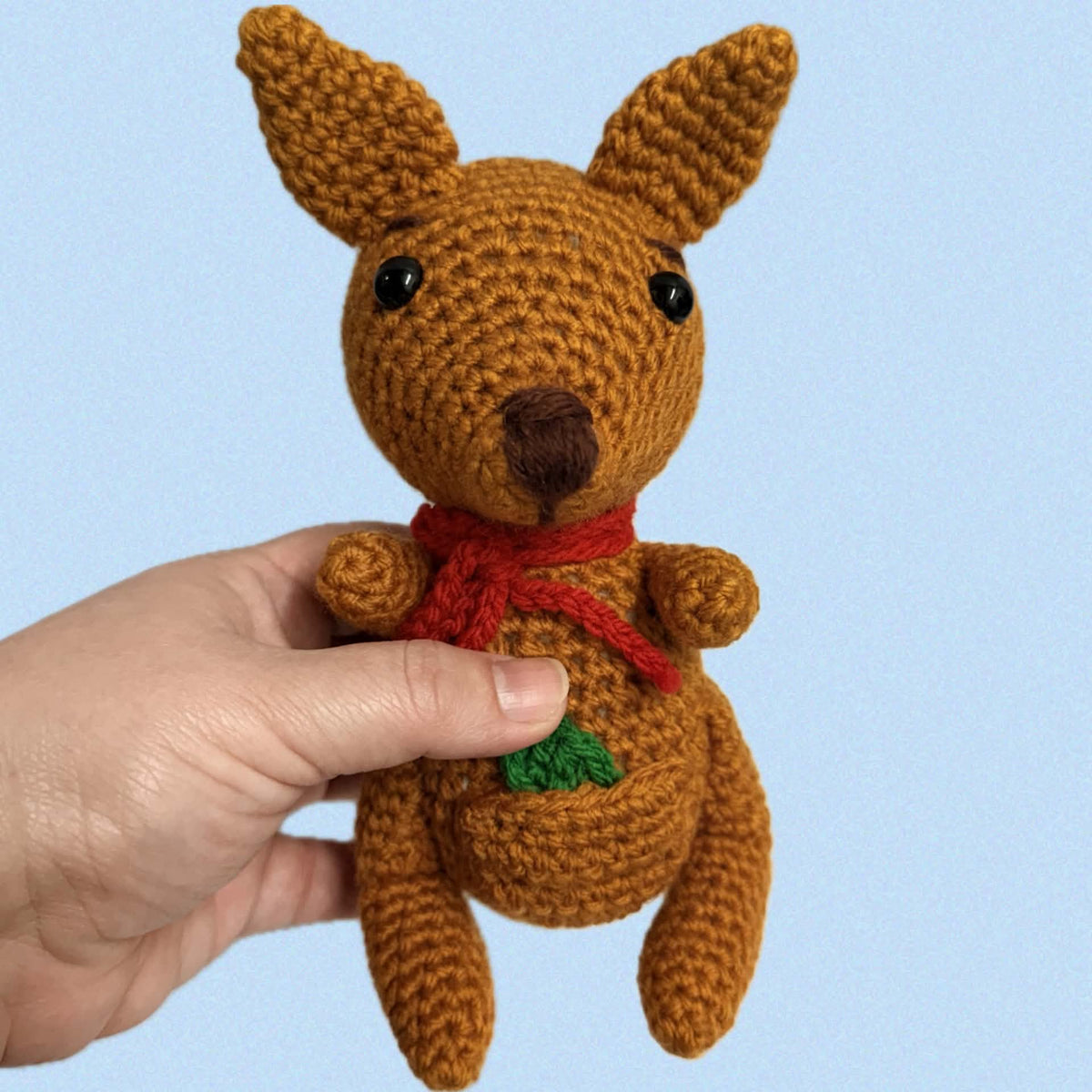 BEAKNITS- Crochet Kangaroo- Red Bow with Gum Leaf