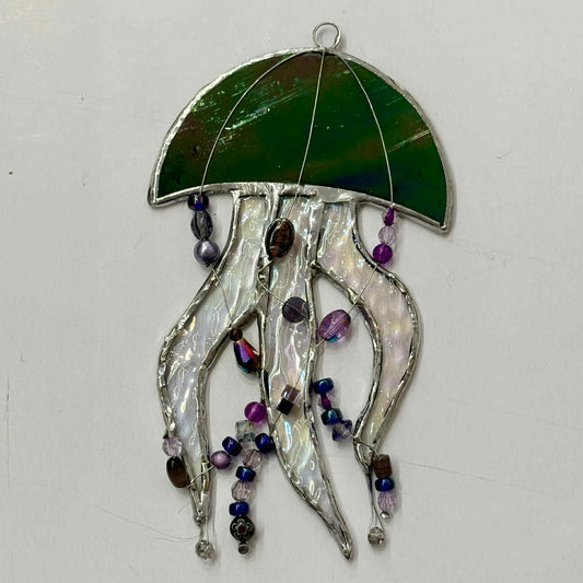 SWAN GLASS -STAINED GLASS JELLYFISH - DEEP GREEN AND PURPLE