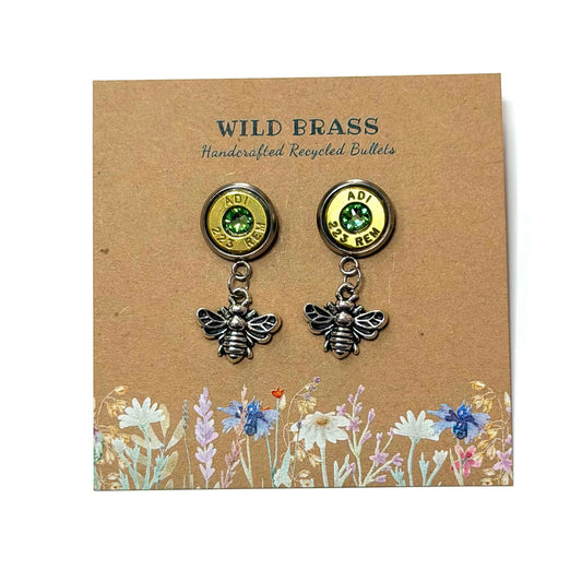 WILD BRASS- Charm Stud Dangles - Bee with Light Green Swarovski Crystals