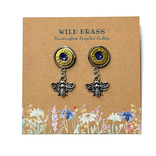 WILD BRASS- Charm Stud Dangles - Bee with Purple Swarovski Crystals
