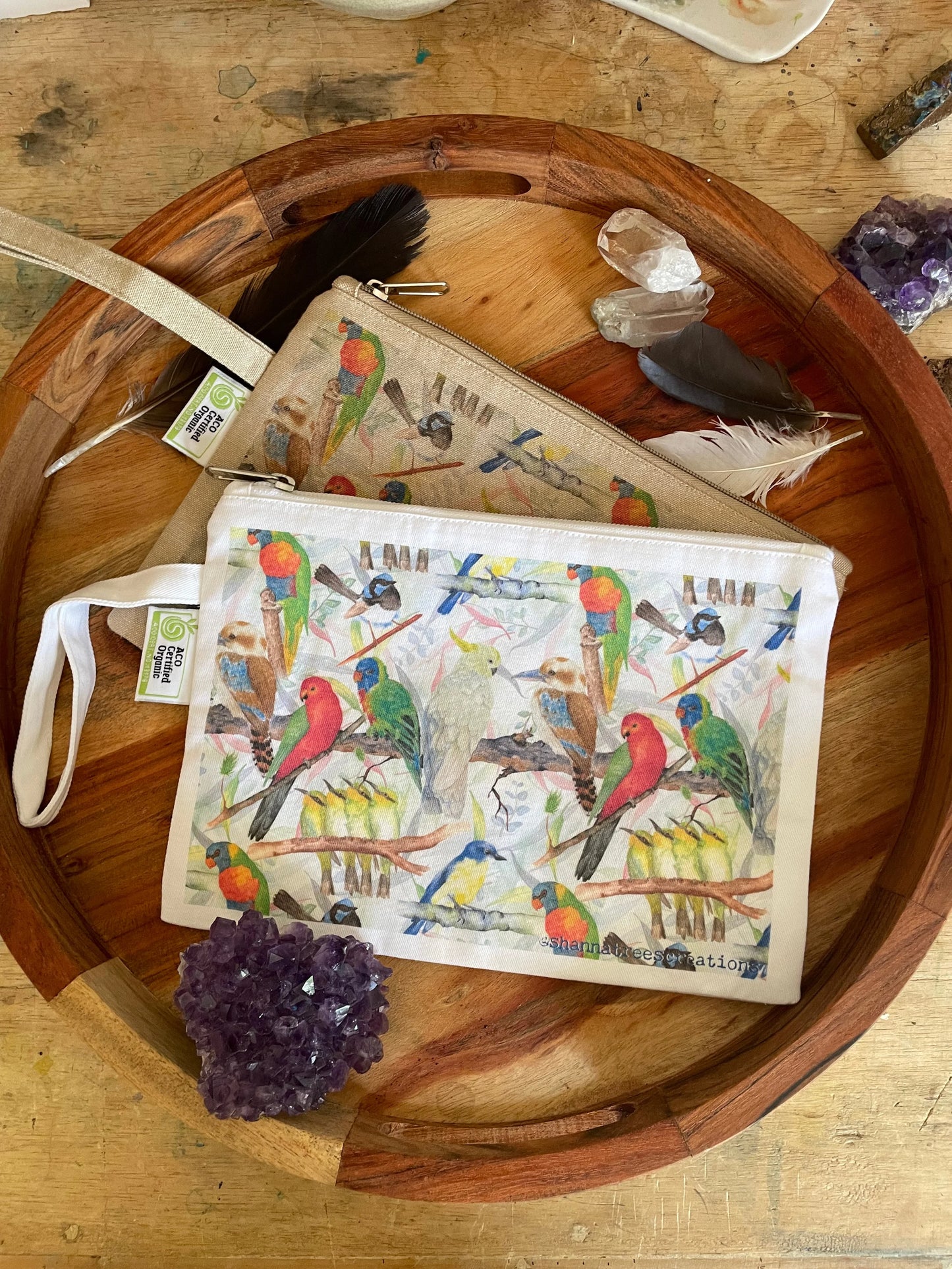 Shanna Trees Creations- "Australian Birds" Organic Cotton Zip Pouches- Natural
