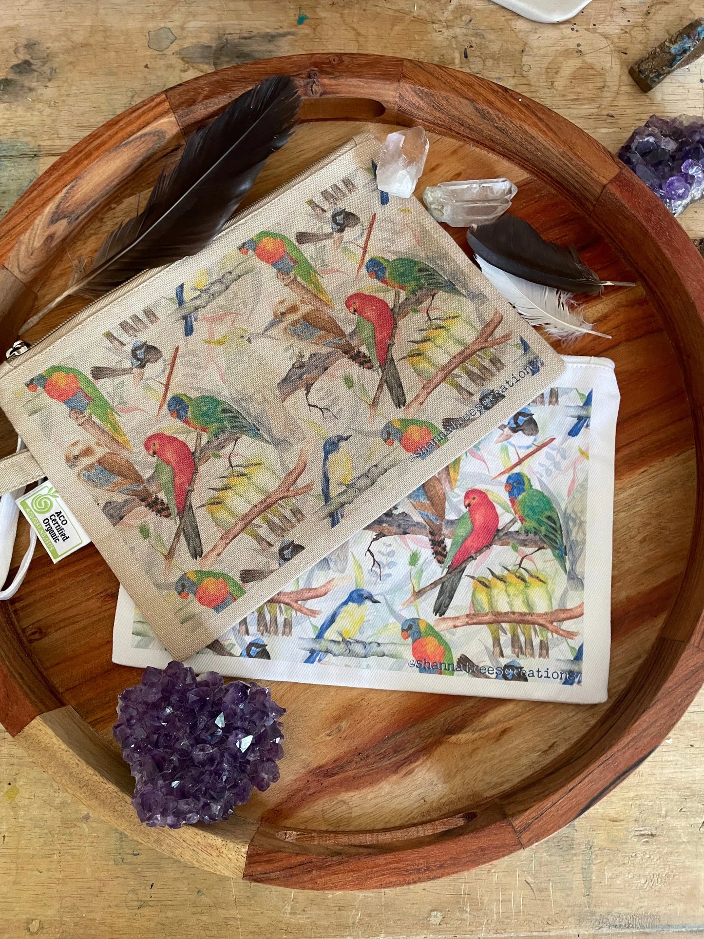 Shanna Trees Creations- "Australian Birds" Organic Cotton Zip Pouches- Natural