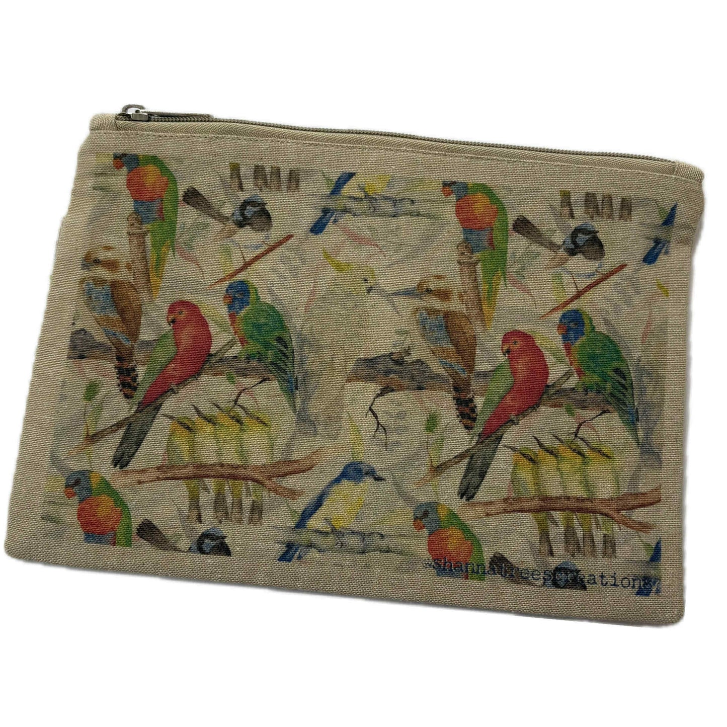 Shanna Trees Creations- "Australian Birds" Organic Cotton Zip Pouches- Natural