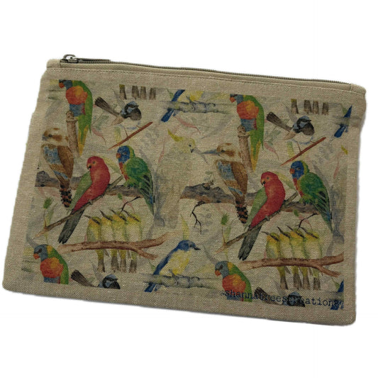 Shanna Trees Creations- "Australian Birds" Organic Cotton Zip Pouches- Natural
