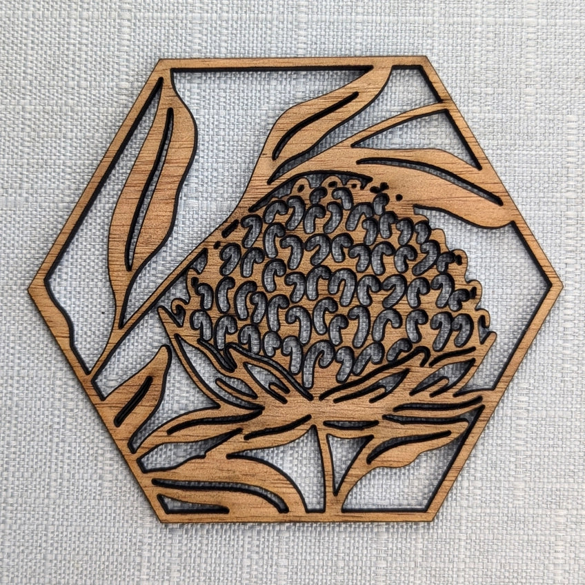 STRAYA ART- Australian Flowers - Wooden Coaster Set