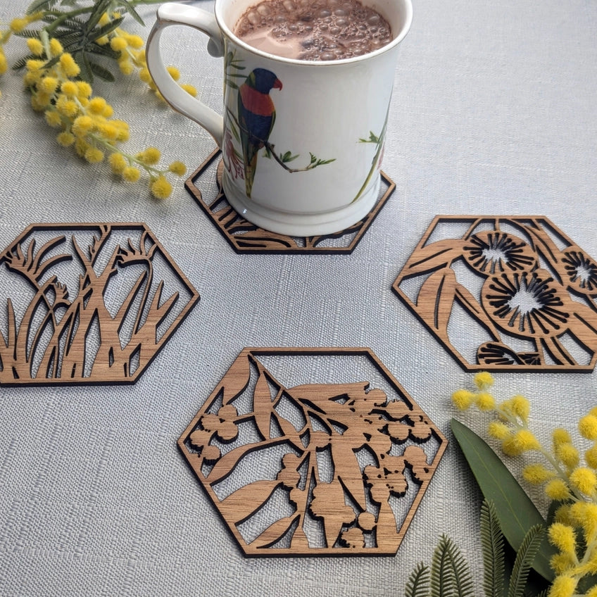 STRAYA ART- Australian Flowers - Wooden Coaster Set