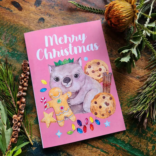 WATERCOLOURS BY CAT- AUSSIE ANIMAL & FOOD CHRISTMAS CARDS- Wombat & Gingerbread Man