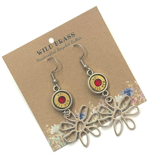 WILD BRASS- Flower Drops- Red Swarovski Crystal