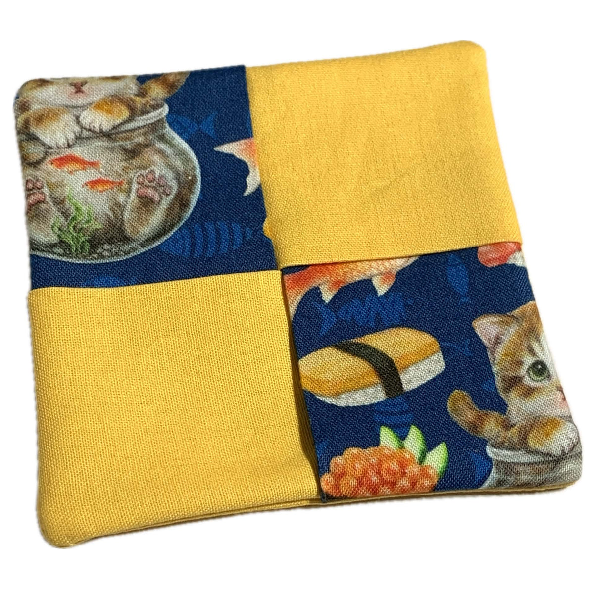 MUMMA WHOOPEE- single  WINE GLASS SLIPPER/COASTERS- SUSHI CATS YELLOW
