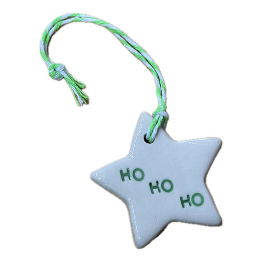 EARTH BY HAND- Clay Star Christmas Decorations- HO HO HO green writing