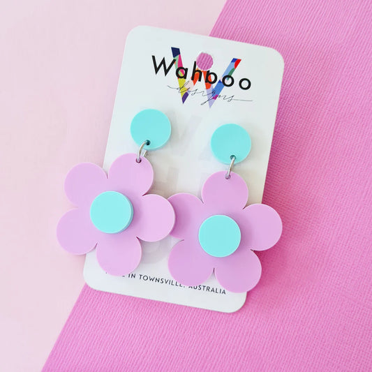 WAHBOO- Bubble Flower Dangle Earrings - Bubblegum flower and aqua top and centre