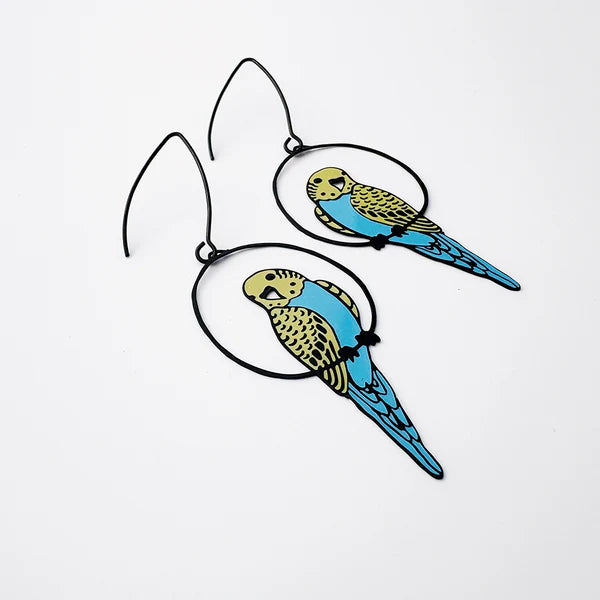 DENZ & CO- Budgies in Black/Blue/Yellow - DANGLE EARRINGS