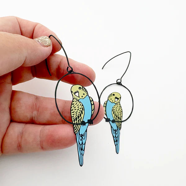 DENZ & CO- Budgies in Black/Blue/Yellow - DANGLE EARRINGS