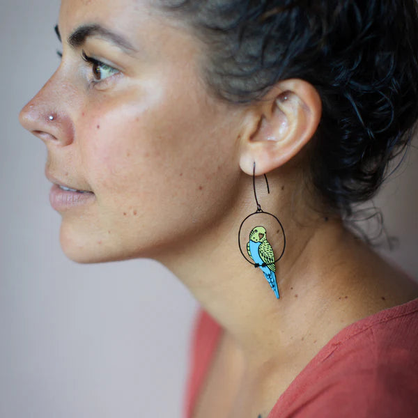 DENZ & CO- Budgies in Black/Blue/Yellow - DANGLE EARRINGS