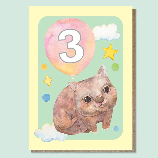 WATERCOLOURS BY CAT- "Three - Wombat"- Australian Animal Kids Age Card