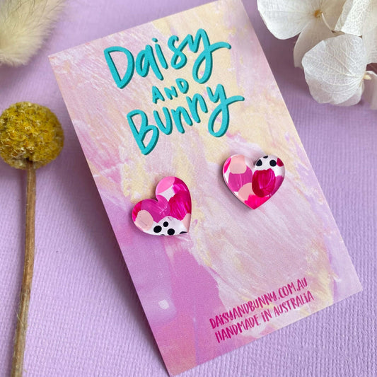 DAISY AND BUNNY - Hand Painted 15mm Heart Studs - Pink Dotty