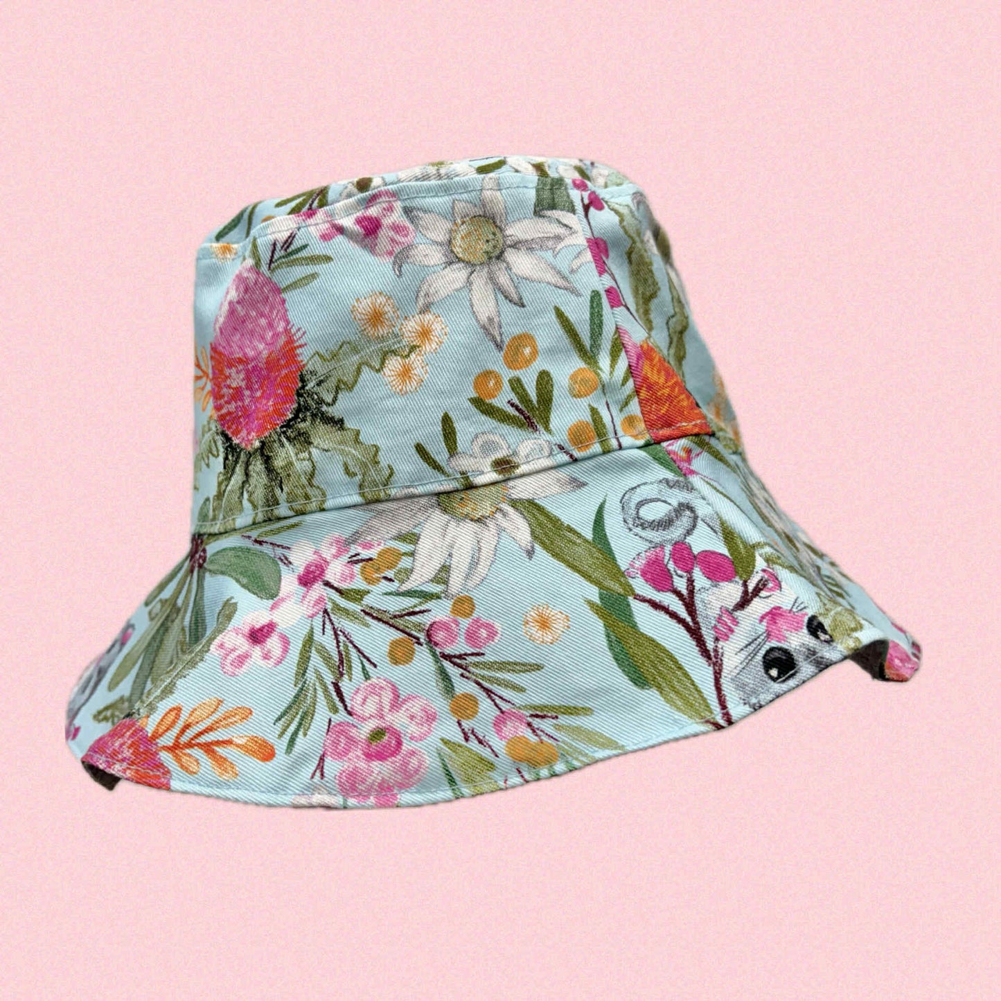 Teacups n Quilts- Blue Possum and Banksia Fabric Hat- Adult Size 58cm