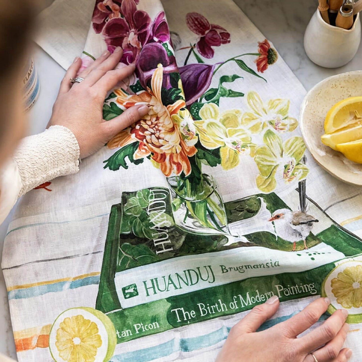 BESPOKE LETTERPRESS - "Fairy Wrens"- 100% Linen Tea Towel