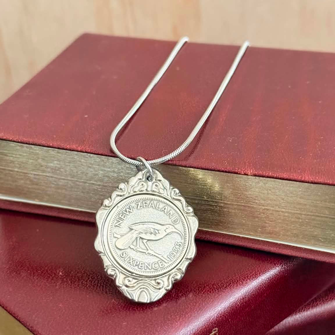MOLLY MADE- Vintage 1933 New Zealand Huia Bird Sixpence Pendant Necklace