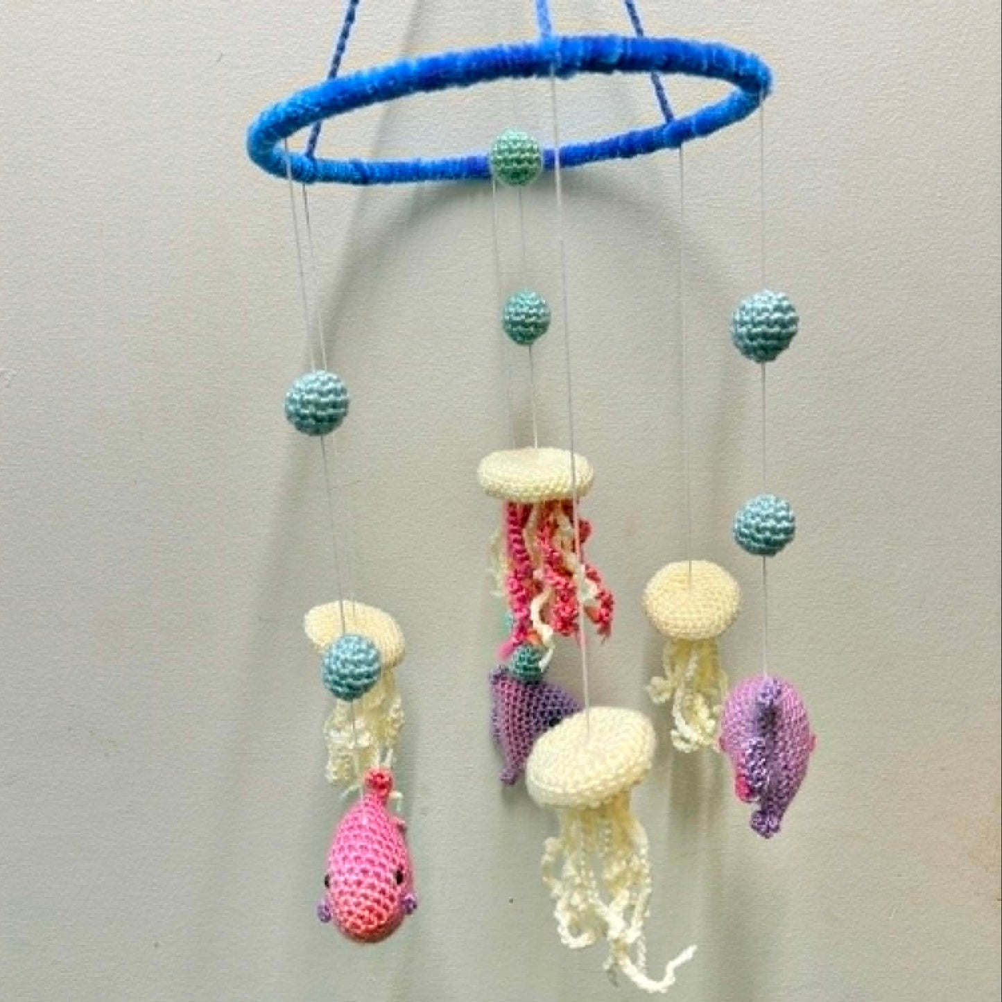BEAKNITS- CROCHETED UNDER THE SEA MOBILE #6- Blue Ring with jellyfish and fish