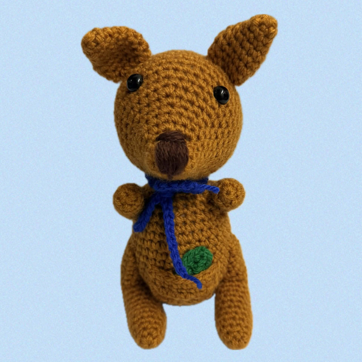 BEAKNITS- Crochet Kangaroo- Blue Bow with Gum Leaf