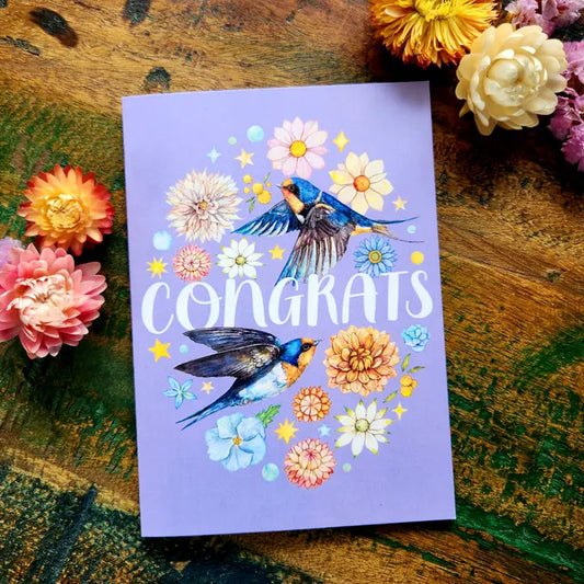 WATERCOLOURS BY CAT- Congratulations Greeting Card - Swallow Birds