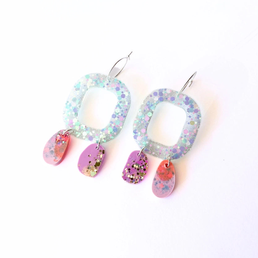 Isla & Marigold- Holographic Glitter Resin Organic Dangle Hoop Earrings