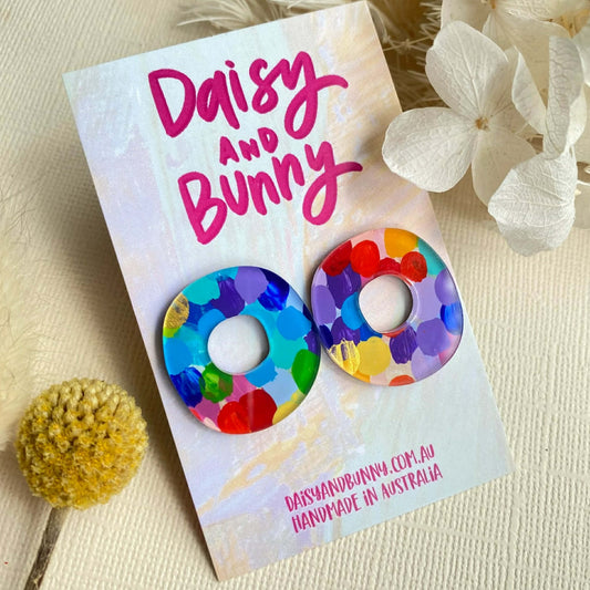 DAISY AND BUNNY - Hand Painted 25mm Donut Studs - Rainbow