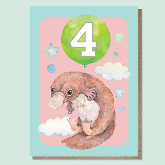 WATERCOLOURS BY CAT- "Four - Platypus"- Australian Animal Kids Age Card