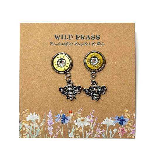 WILD BRASS- Charm Stud Dangles - Bee with Clear Swarovski Crystals