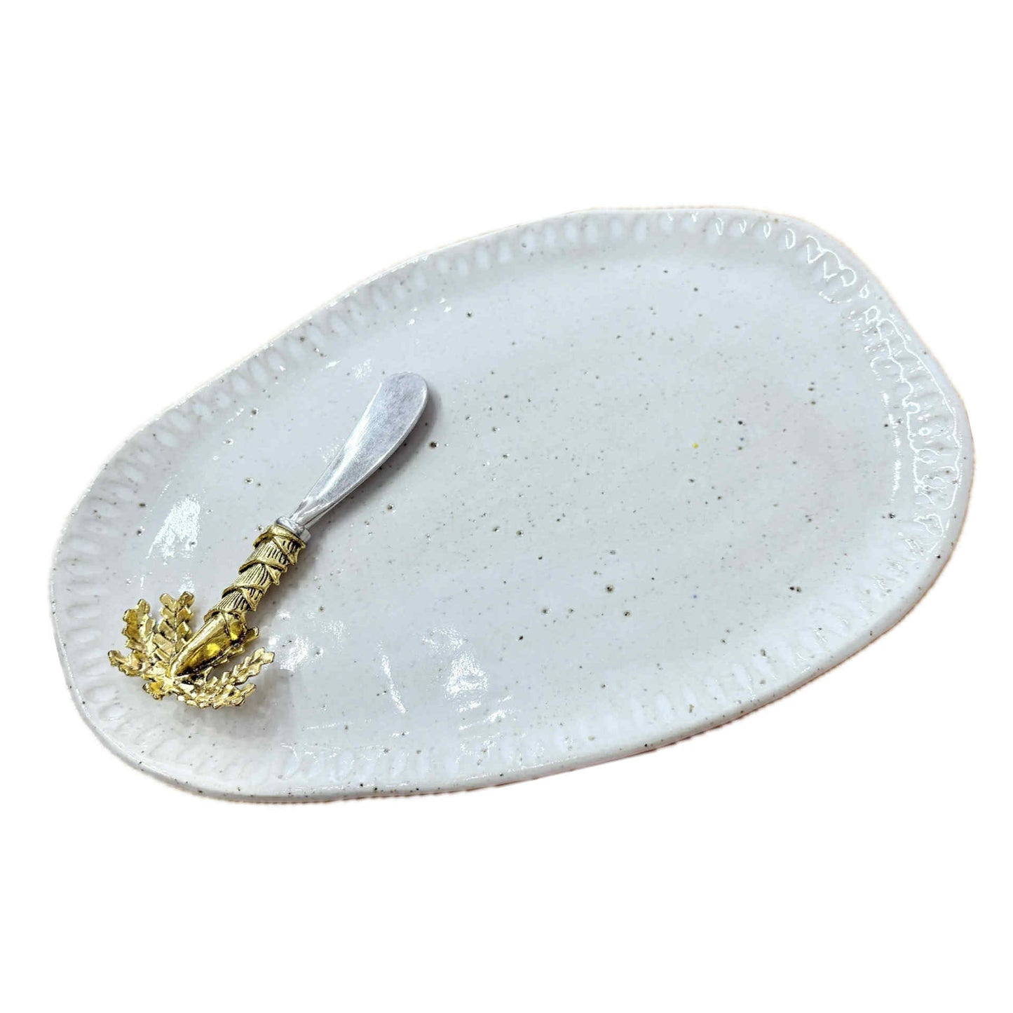 EARTH BY HAND- Hand Built White Oval Platter & Cheese Knife