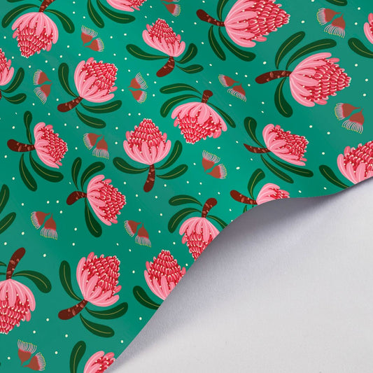 NUOVO - Gift Wrap- Pink & Green Christmas Waratahs