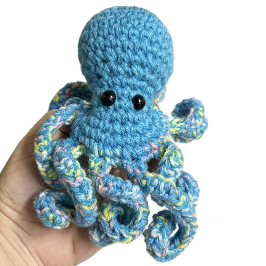 BEAKNITS- CROCHETED OCTOPUS - blue with rainbow tenticles